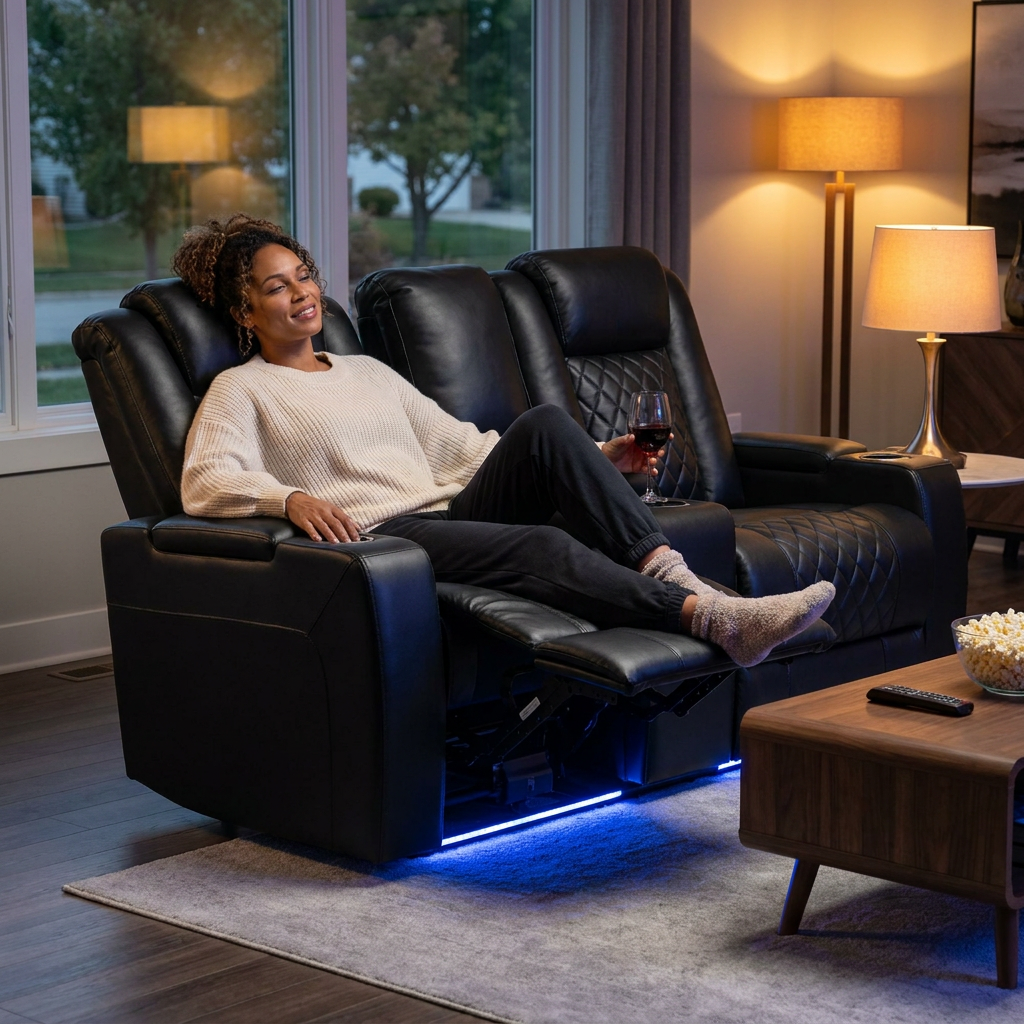 Orya Black 61.42 In. Power Recliner Chair with Dual Motor, Massage and Heat, LED Lights, Leather Home Theater Seating — Lifestyle