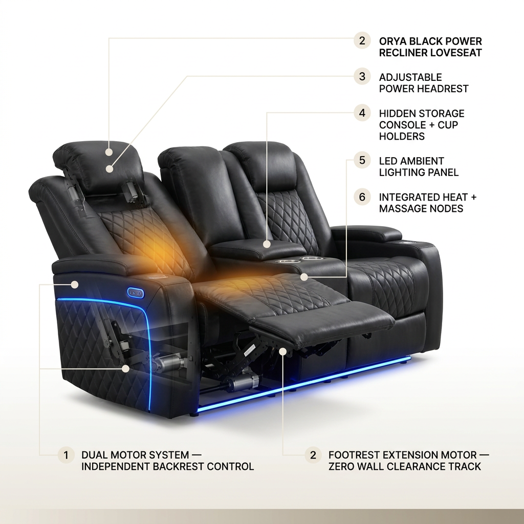 Orya Black 61.42 In. Power Recliner Chair with Dual Motor, Massage and Heat, LED Lights, Leather Home Theater Seating — How It Works