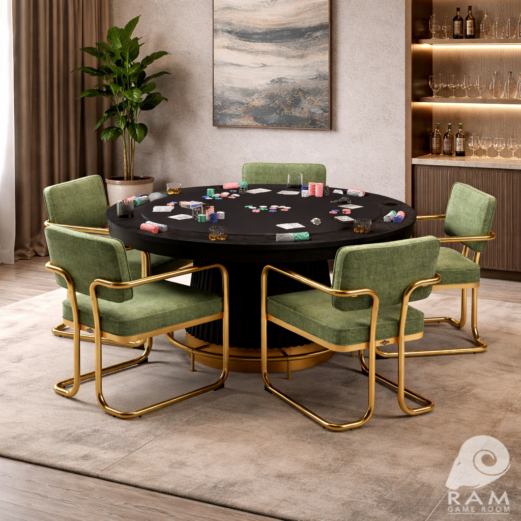 RAM Game Room Prohibition 60-inch poker table in matte black and brass