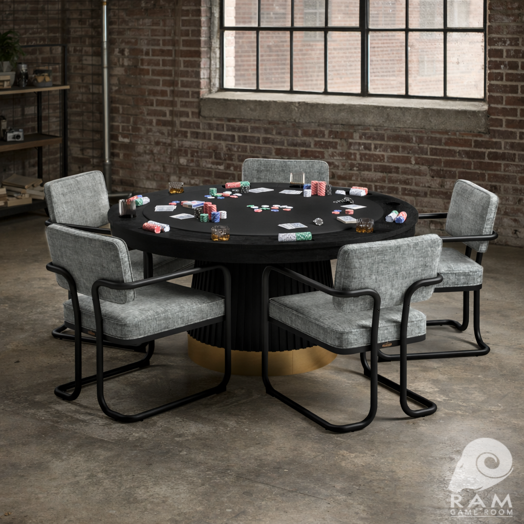 RAM Prohibition poker table pedestal with contrasting metal kick plate