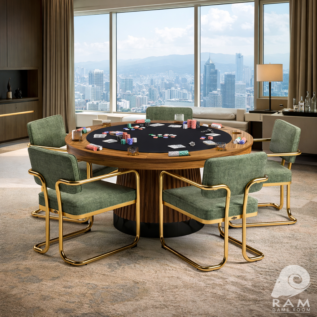 Round matte walnut Prohibition poker table with integrated drink holders