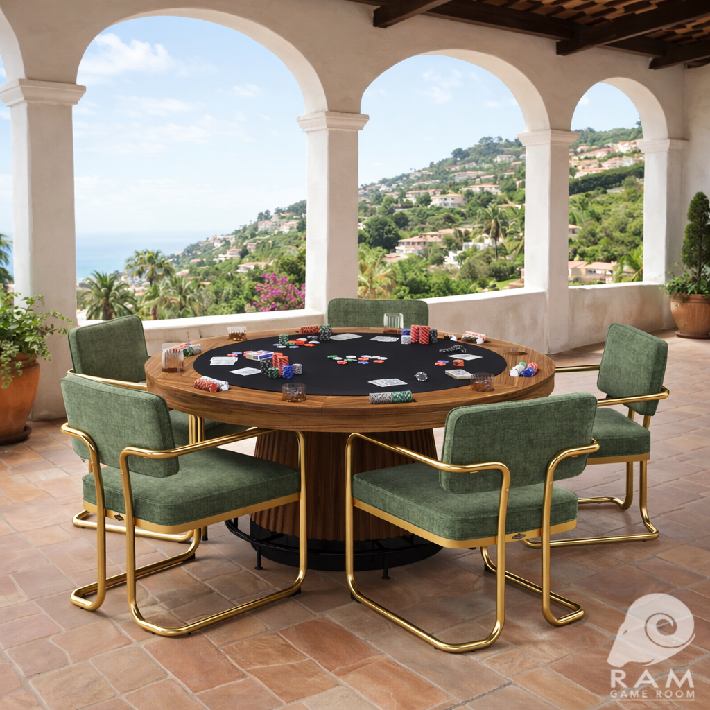 RAM Prohibition 60-inch matte walnut poker table showing the faux-leather playing surface