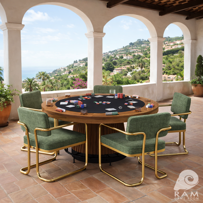 RAM Prohibition 60-inch matte walnut poker table showing the faux-leather playing surface