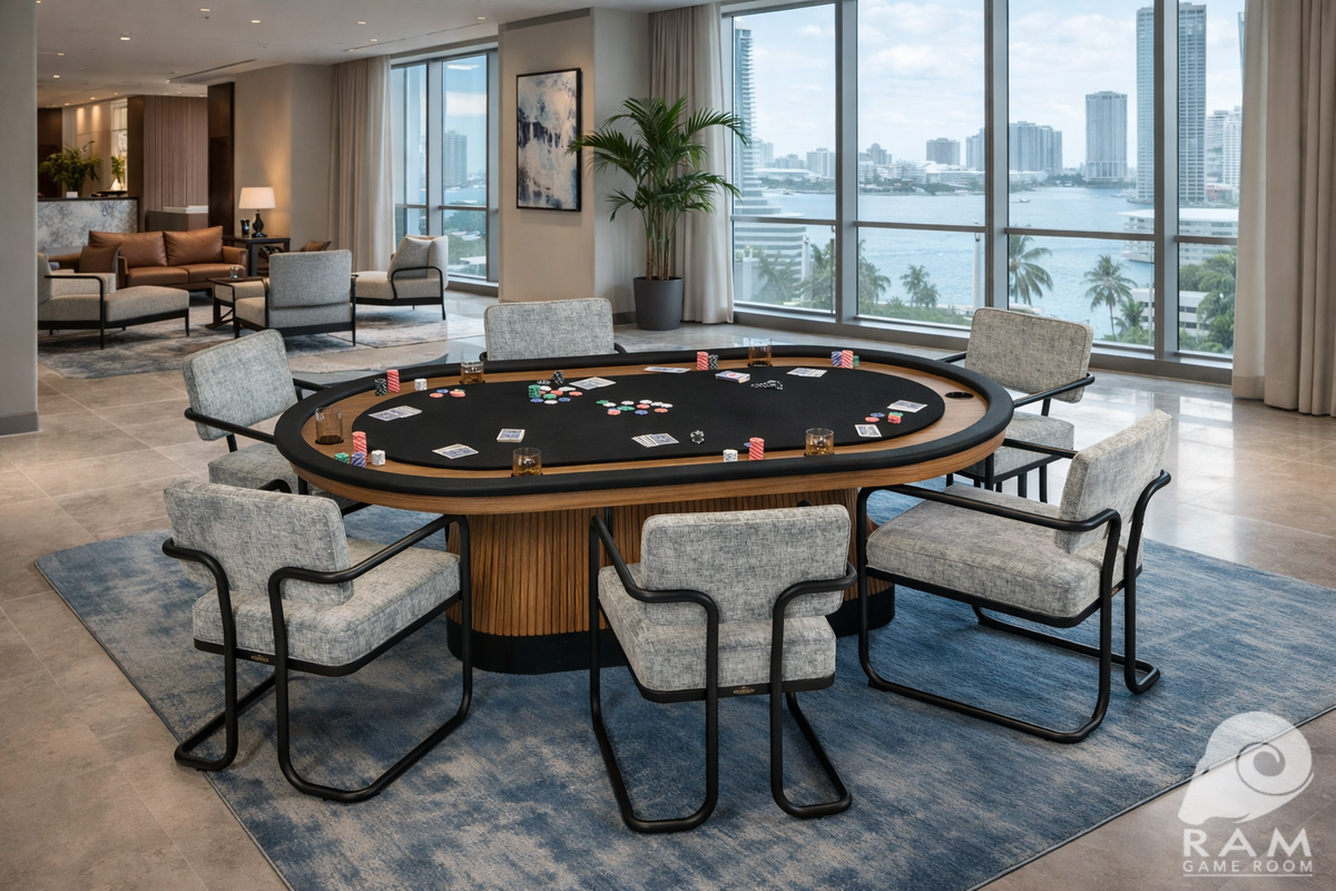 Oval Prohibition poker table with recessed drink holders