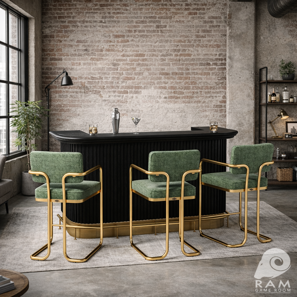 Matte black Prohibition cocktail bar with optional brass foot rail