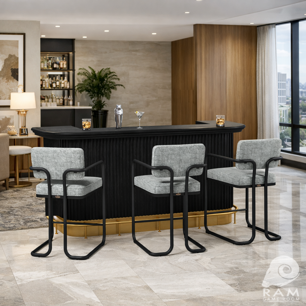 Prohibition 84-inch home bar in a residential entertainment space