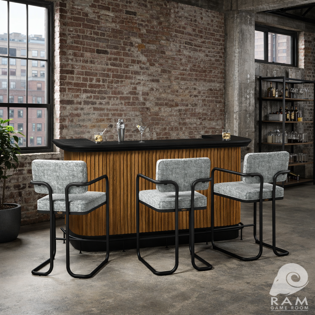 Prohibition 84-inch home bar in a residential entertainment space
