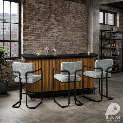 Prohibition 84-inch home bar in a residential entertainment space
