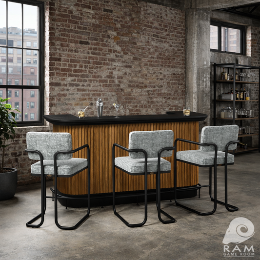 Prohibition 84-inch home bar in a residential entertainment space