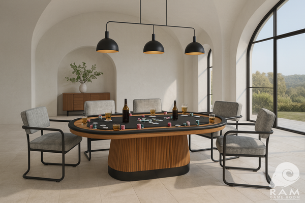 56-inch Prohibition Bootlegger 3-light fixture above a poker table in an elegant game room