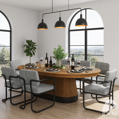 Prohibition Bootlegger 3-light fixture above a round game table in a bright contemporary interior