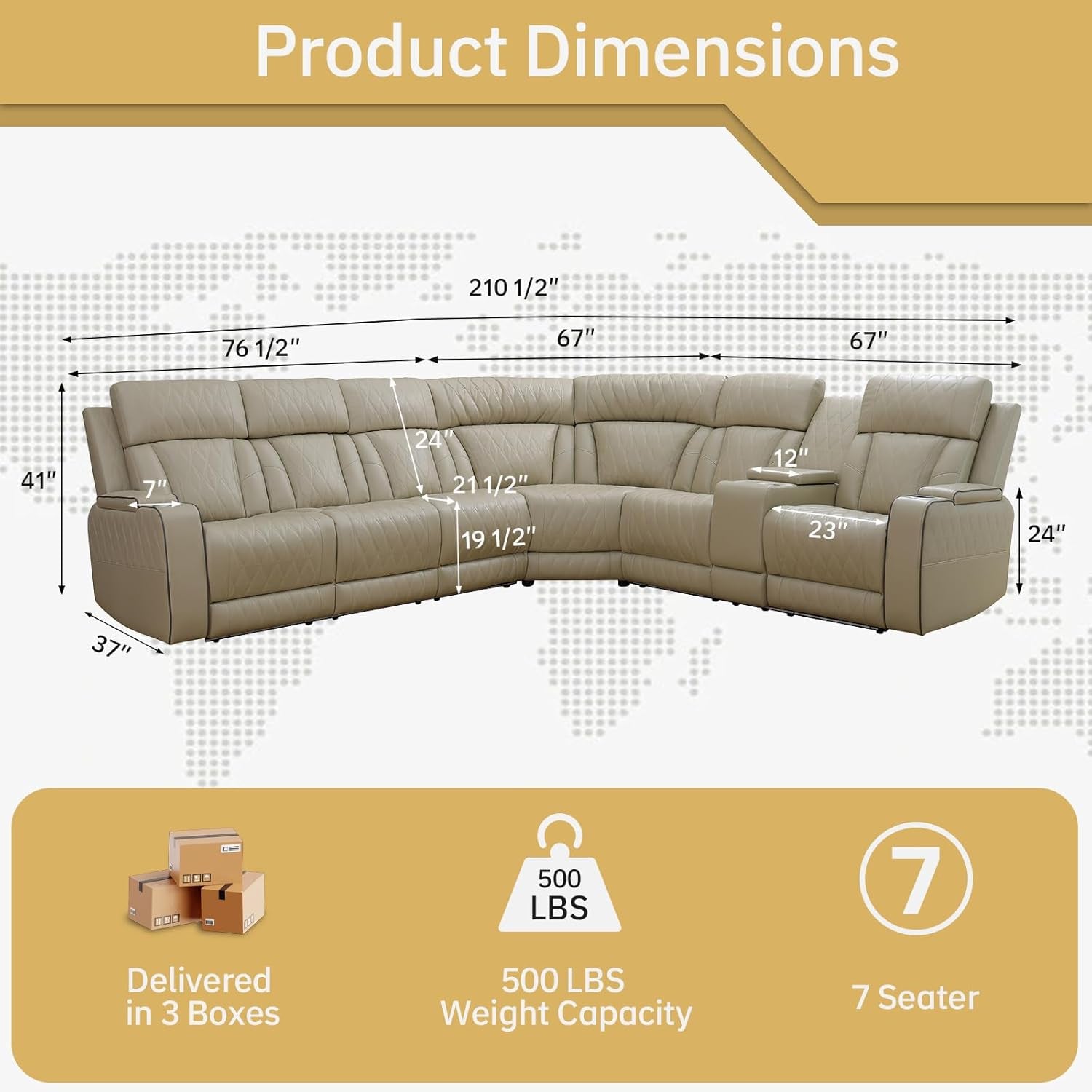 Power Reclining Leather Sectional Sofa for Home Theater, Electric Recliner Couch with Wireless Power, LED Ambient Lighting, Cup Holders & Storage, Air Leather Sofa for Living Room Comfort, Beige