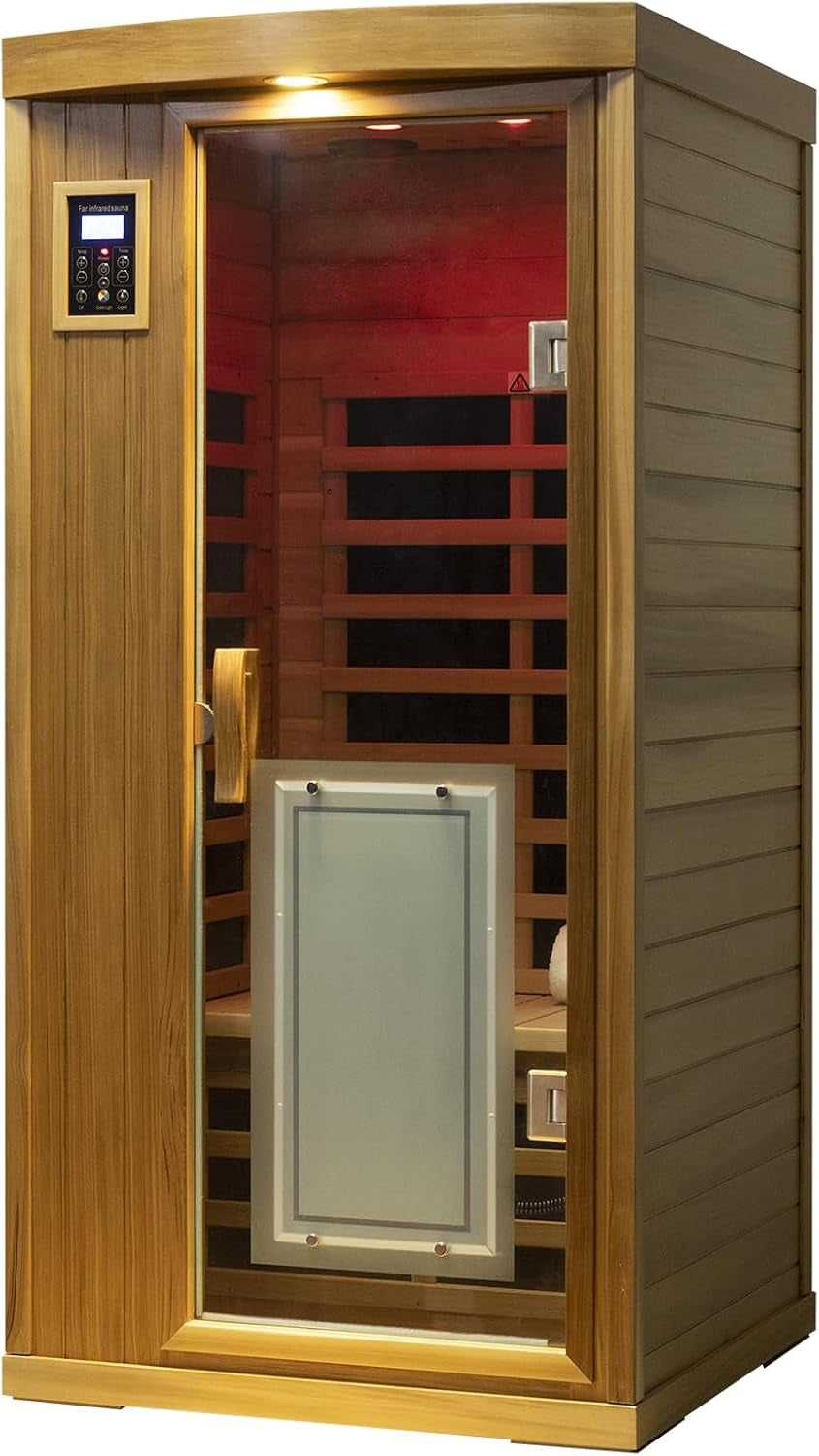 1-2 Person Infrared Sauna for Home, Low EMF Far Infrared Sauna, 1450 Watts Red Cedar Wood Sauna with Door Heating Panel, Control, Bluetooth, 8 Heating Panels, 7 Color Lights, Outdoor Lamp