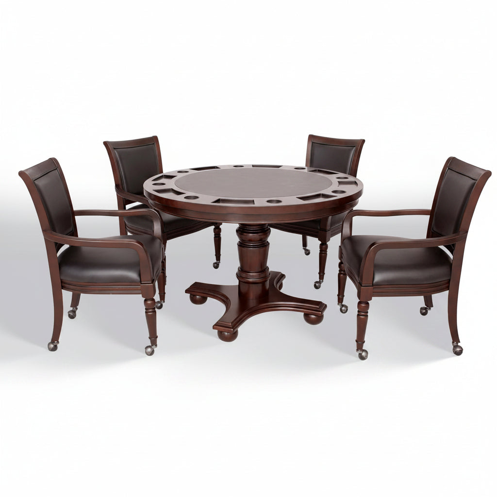 Bridgeport 2 in 1 round Poker Table and Chairs Set for Dining & Game Rooms – Furniture Grade Hardwood, Sturdy Pedestal Legs, Drink Holders, Chip Slots – Includes 4 Poker Table Chairs - Walnut