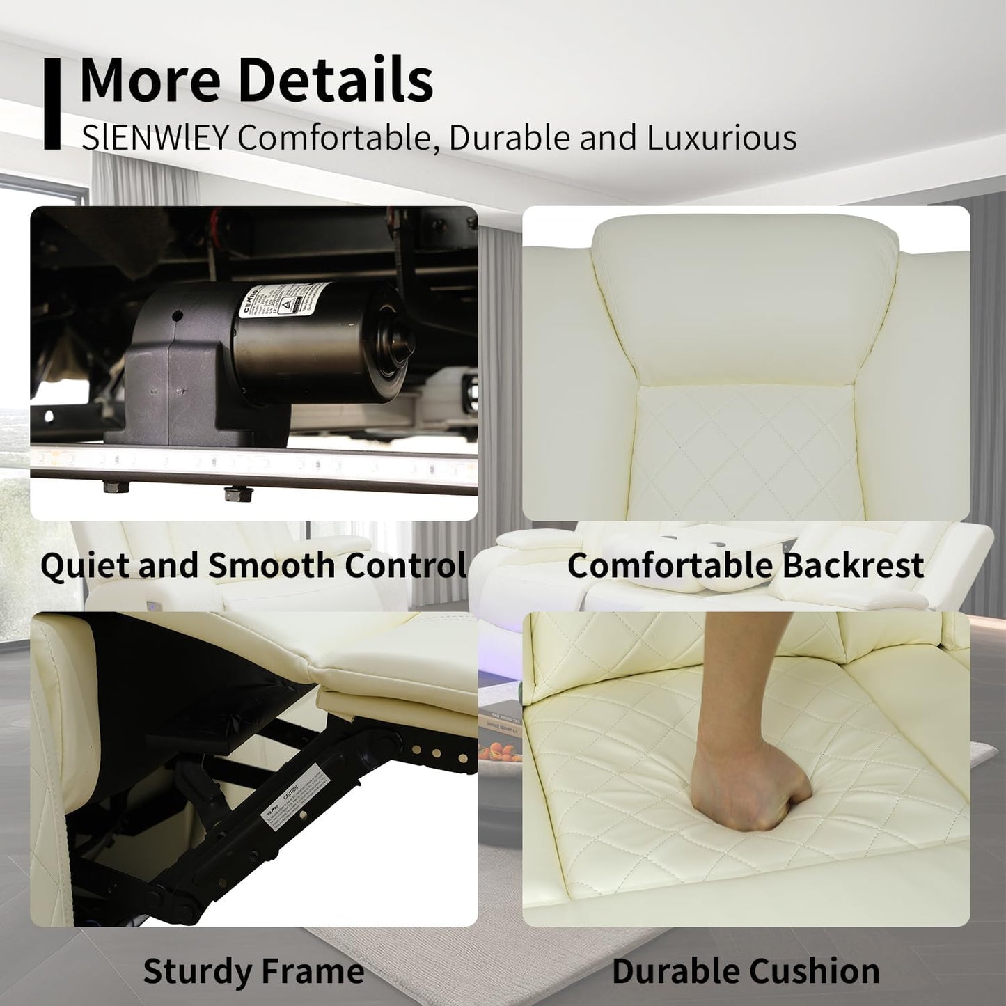 Power Leather Recliner Sofa Set with LED Light,Reclining Sofa and Chair Set with Usb,Leather Couch Set for 3 Seater Couch with Coffee Table/Single Recliner 2 PCS for Living Room(White,3+1)