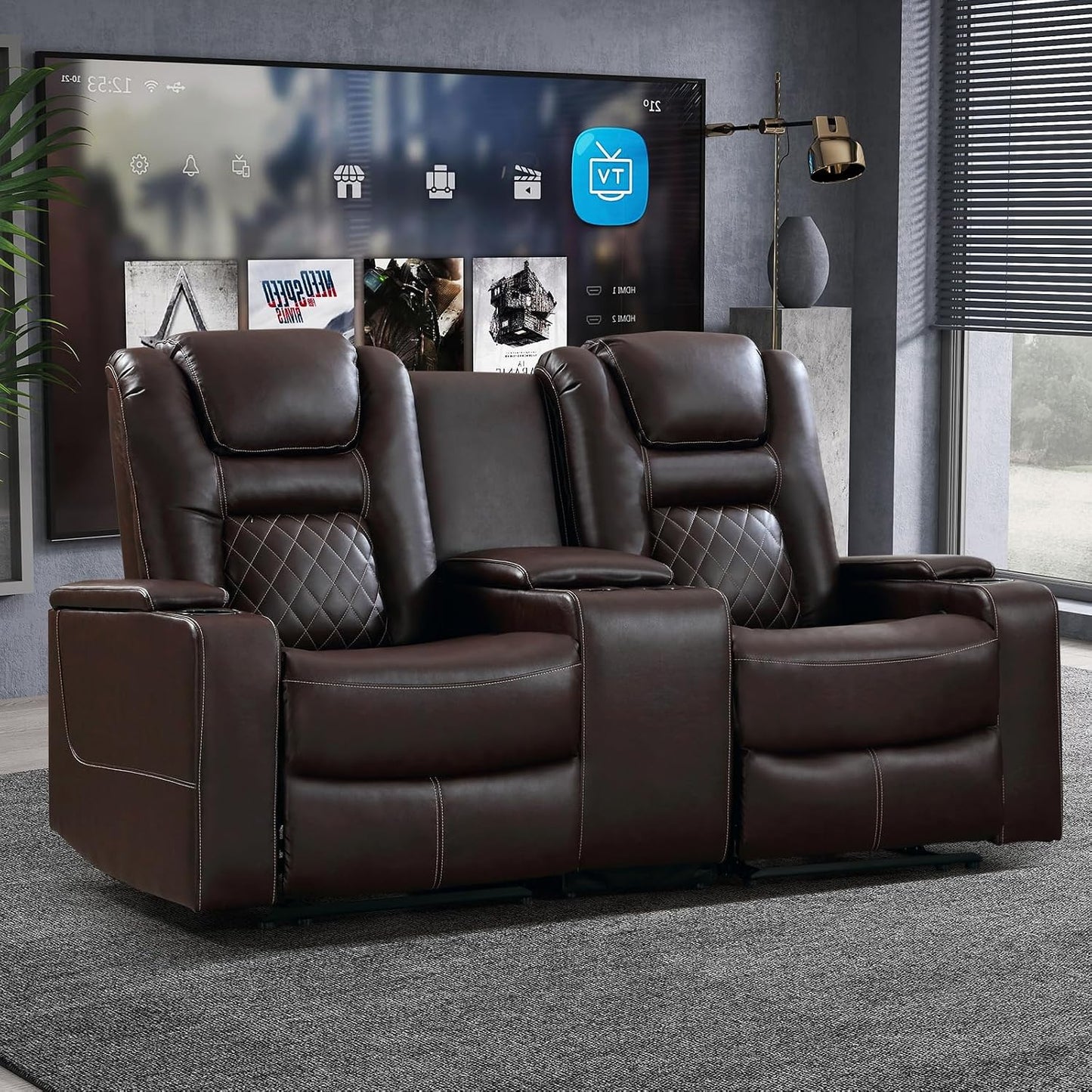 Home Theater Seating Seats, Theater Recliner Chair Power Recliner Sofa with Console, Cup Holders, Hidden Arm Storage, USB Ports,Brown