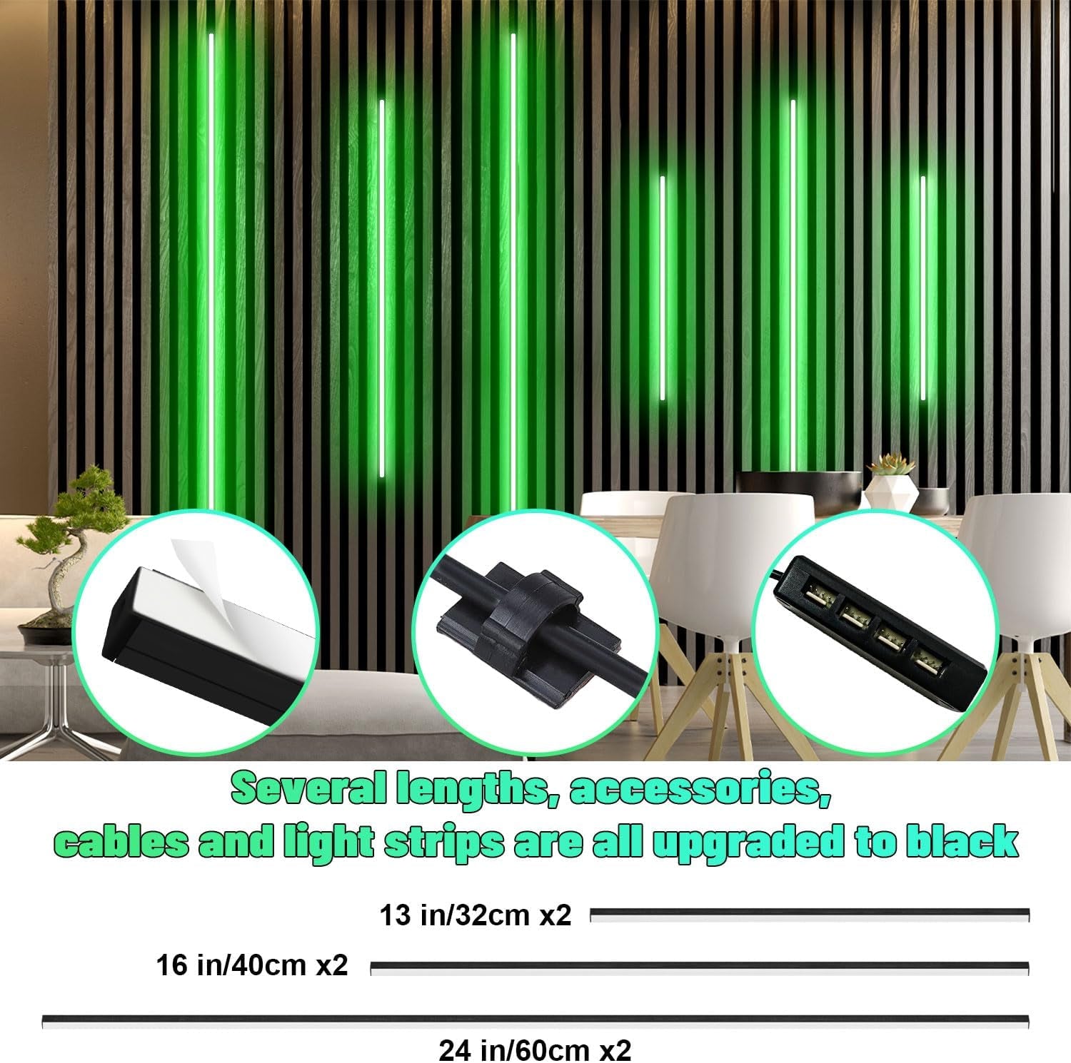 RGB Black LED Strip Light for Wood Slat Wall Panel, 6 Pcs Wifi Smart Recessed Lighting for Acoustic Panel Compatible with Alexa, Self-Adhesive Smart LED for Slat Wall (2*24+2*16+2*13 In)