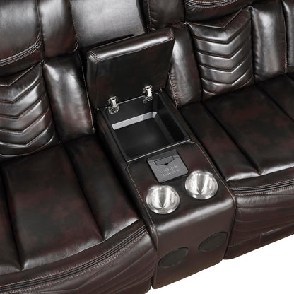 Sectional console with controls, cup holders, and concealed storage