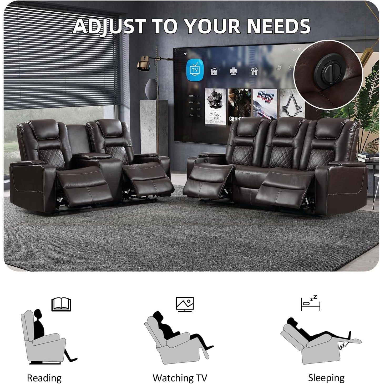 Home Theater Seating Seats, Theater Recliner Chair Power Recliner Sofa with Console, Cup Holders, Hidden Arm Storage, USB Ports,Brown