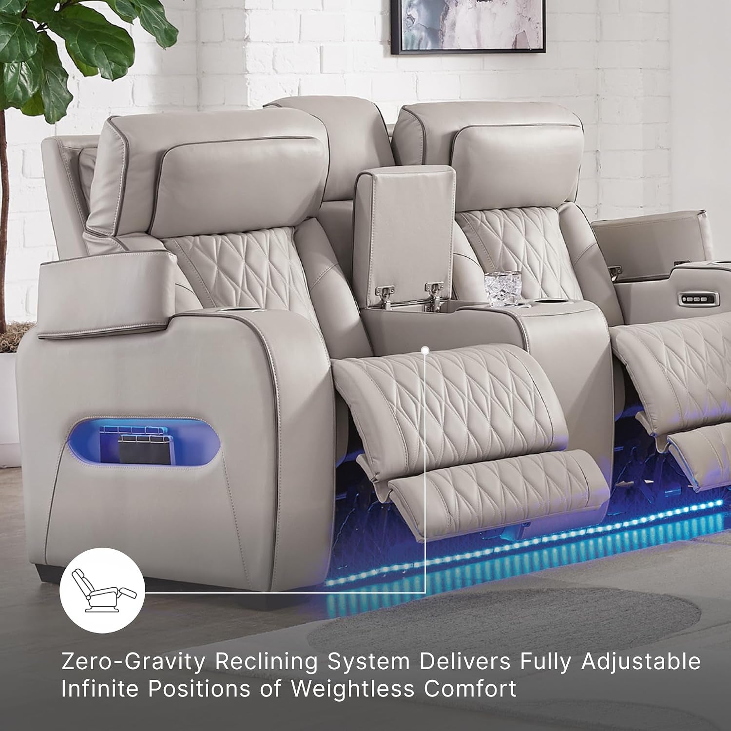 Signature Design by Ashley Power Reclining Loveseat with Console, Gray | Heated Air Massage Seats, Top Grain Leather Faux Leather Combination, Zero Gravity Recline, Home Theater Seating, Boyington