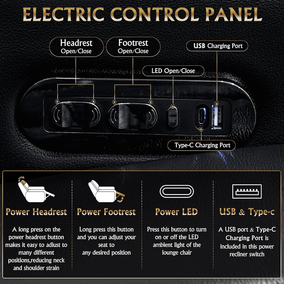 Loveseat controls with power headrest, footrest, LED light, USB, and Type-C ports