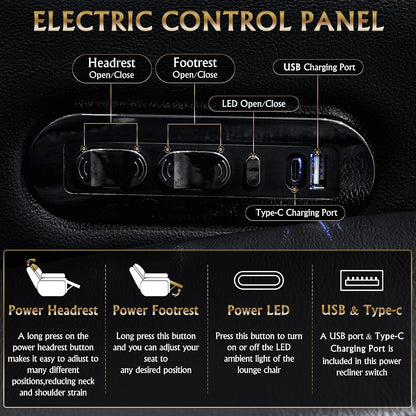 Loveseat controls with power headrest, footrest, LED light, USB, and Type-C ports