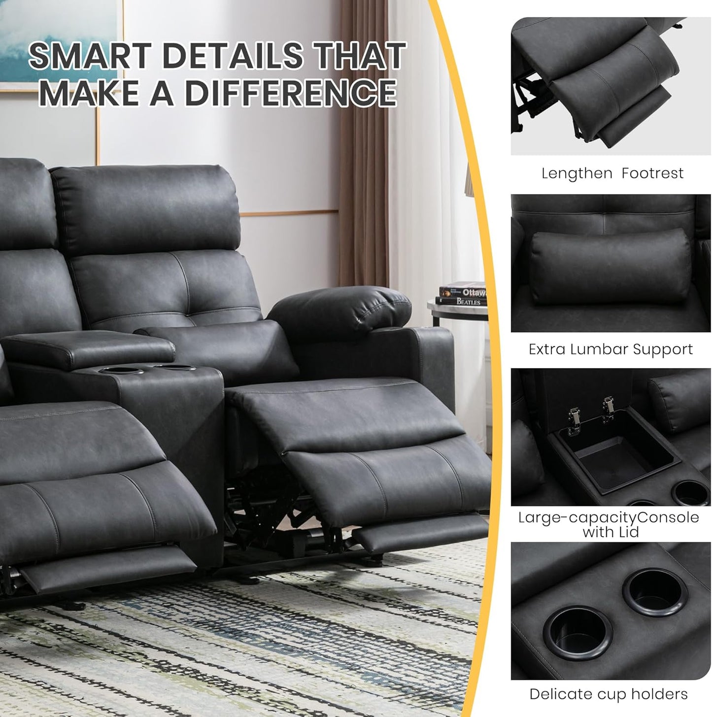 68" Power Reclining Loveseat with Heat & Massage, Wall Hugger Double Reclining Sofa with Console, Cup Holders & Storage, Power Recliner Couch for Camper, Trailer, RV, Home Theater Living Room