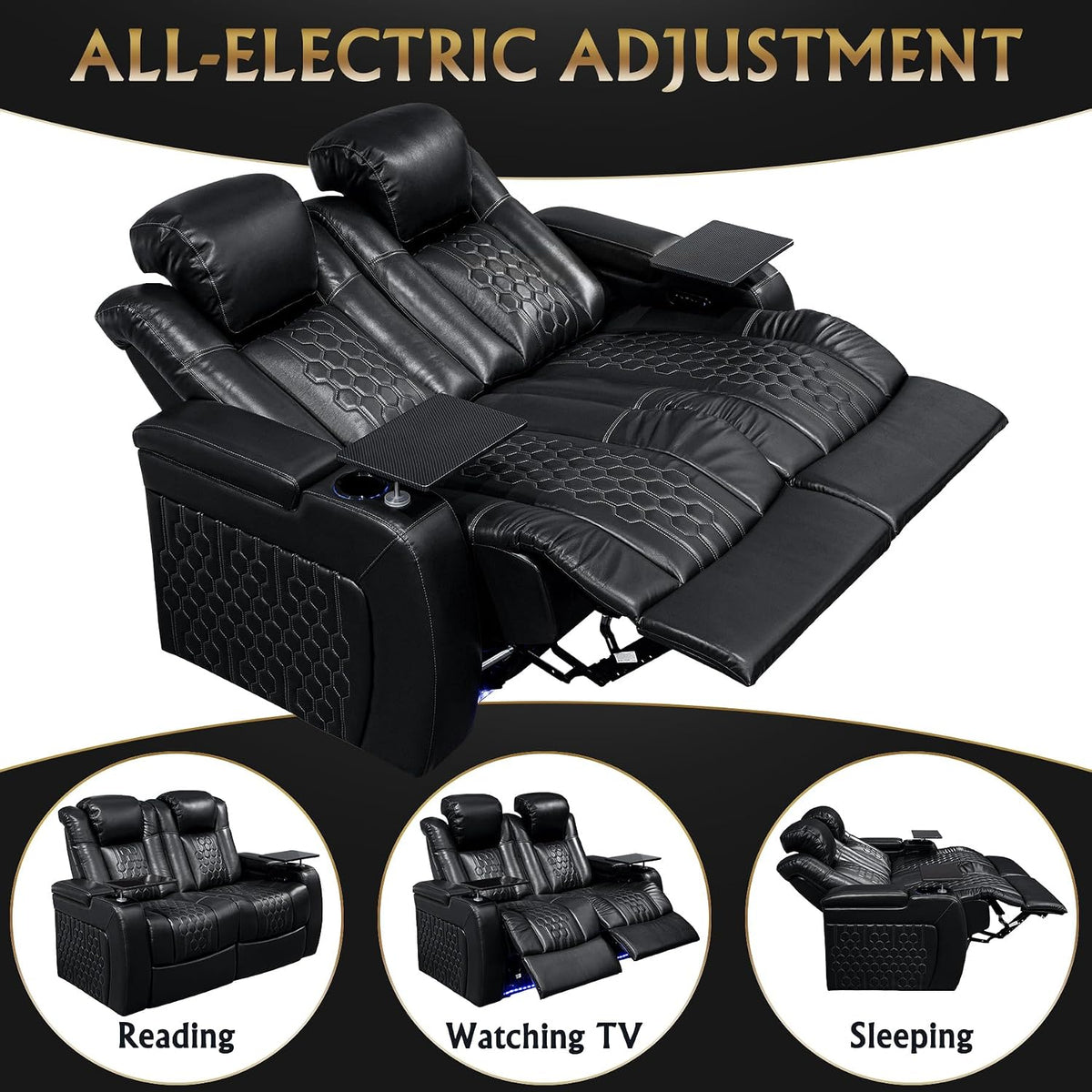 Black power reclining loveseat positioned for reading, watching TV, and resting