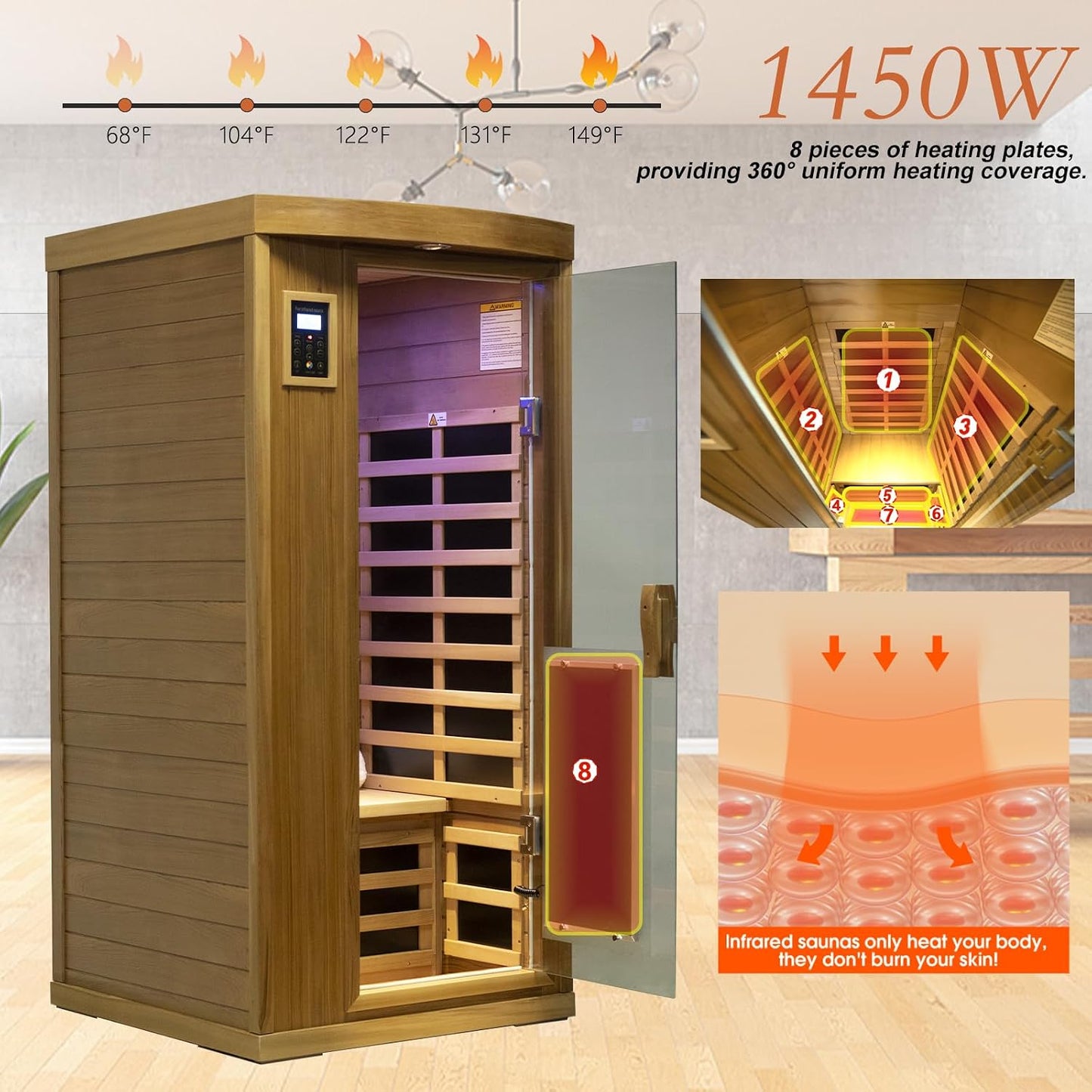 1-2 Person Infrared Sauna for Home, Low EMF Far Infrared Sauna, 1450 Watts Red Cedar Wood Sauna with Door Heating Panel, Control, Bluetooth, 8 Heating Panels, 7 Color Lights, Outdoor Lamp