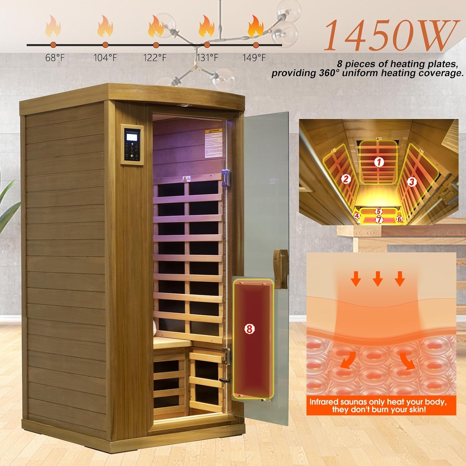 1-2 Person Infrared Sauna for Home, Low EMF Far Infrared Sauna, 1450 Watts Red Cedar Wood Sauna with Door Heating Panel, Control, Bluetooth, 8 Heating Panels, 7 Color Lights, Outdoor Lamp