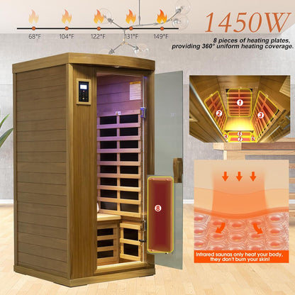 1-2 Person Infrared Sauna for Home, Low EMF Far Infrared Sauna, 1450 Watts Red Cedar Wood Sauna with Door Heating Panel, Control, Bluetooth, 8 Heating Panels, 7 Color Lights, Outdoor Lamp