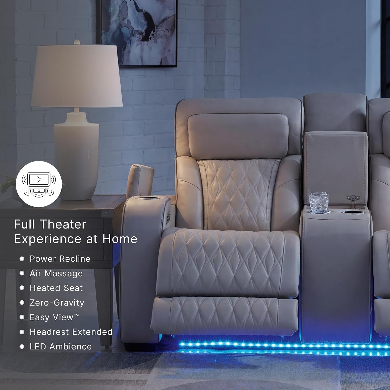 Signature Design by Ashley Power Reclining Loveseat with Console, Gray | Heated Air Massage Seats, Top Grain Leather Faux Leather Combination, Zero Gravity Recline, Home Theater Seating, Boyington
