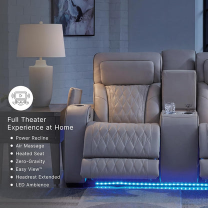 Signature Design by Ashley Power Reclining Loveseat with Console, Gray | Heated Air Massage Seats, Top Grain Leather Faux Leather Combination, Zero Gravity Recline, Home Theater Seating, Boyington