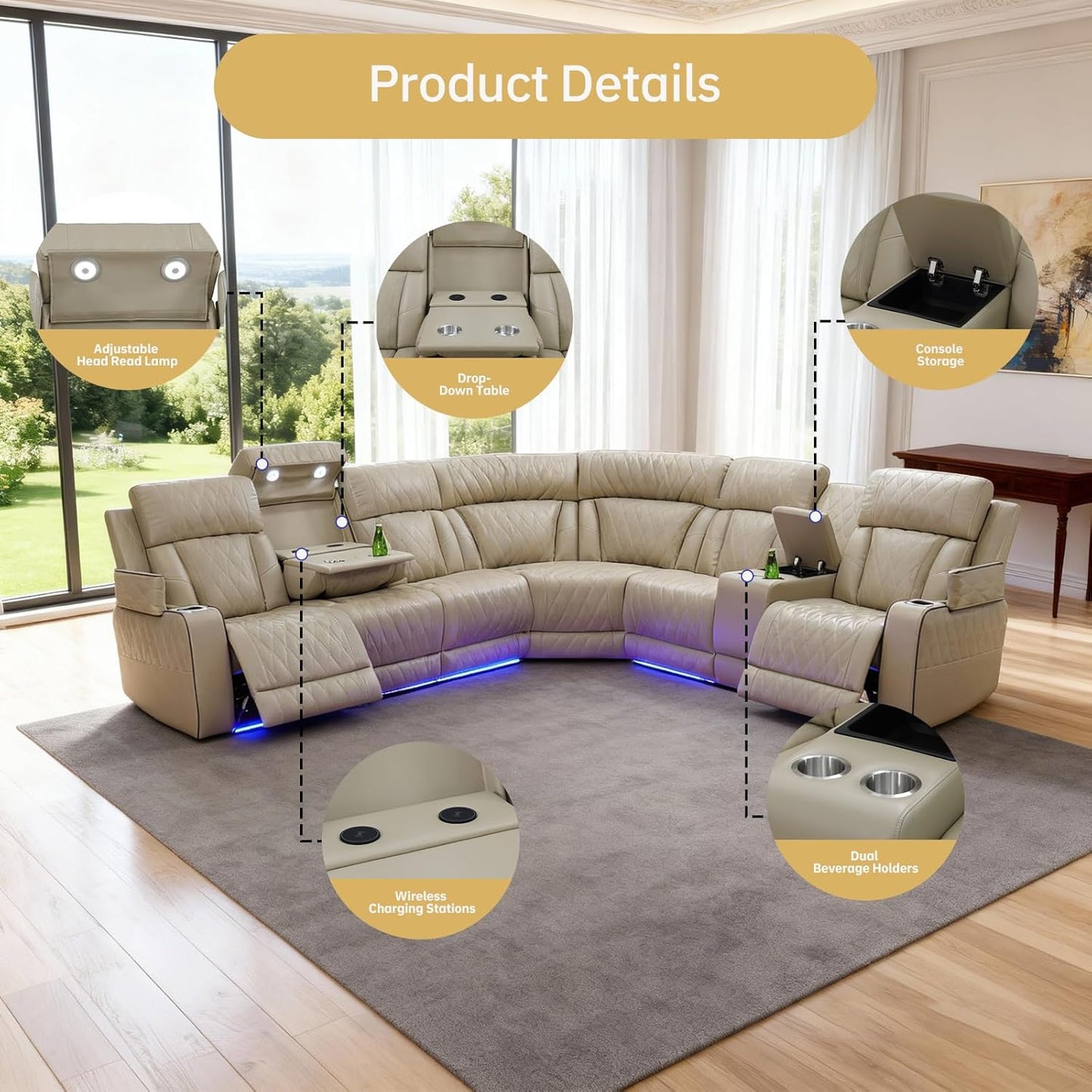 Power Reclining Leather Sectional Sofa for Home Theater, Electric Recliner Couch with Wireless Power, LED Ambient Lighting, Cup Holders & Storage, Air Leather Sofa for Living Room Comfort, Beige