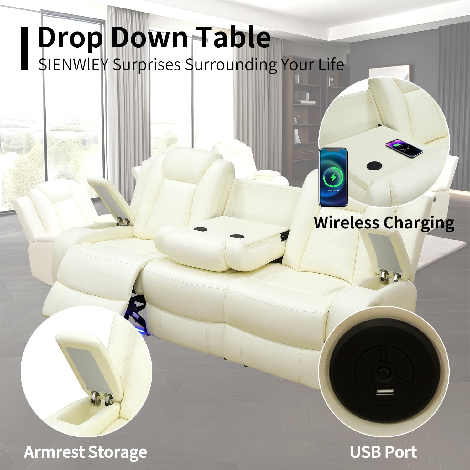 Power Leather Recliner Sofa Set with LED Light,Reclining Sofa and Chair Set with Usb,Leather Couch Set for 3 Seater Couch with Coffee Table/Single Recliner 2 PCS for Living Room(White,3+1)