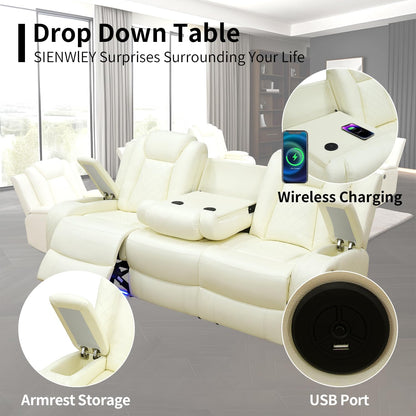 Power Leather Recliner Sofa Set with LED Light,Reclining Sofa and Chair Set with Usb,Leather Couch Set for 3 Seater Couch with Coffee Table/Single Recliner 2 PCS for Living Room(White,3+1)