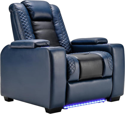 Power Home Theater Seating Recliner Chairs Set of 3, PU Leather Recliner & Cup Holder, Electric Movie Theater Reclining Chairs with Adjustable Headrest, Blue LED, Hidden Arm Storage (Black-Blue)