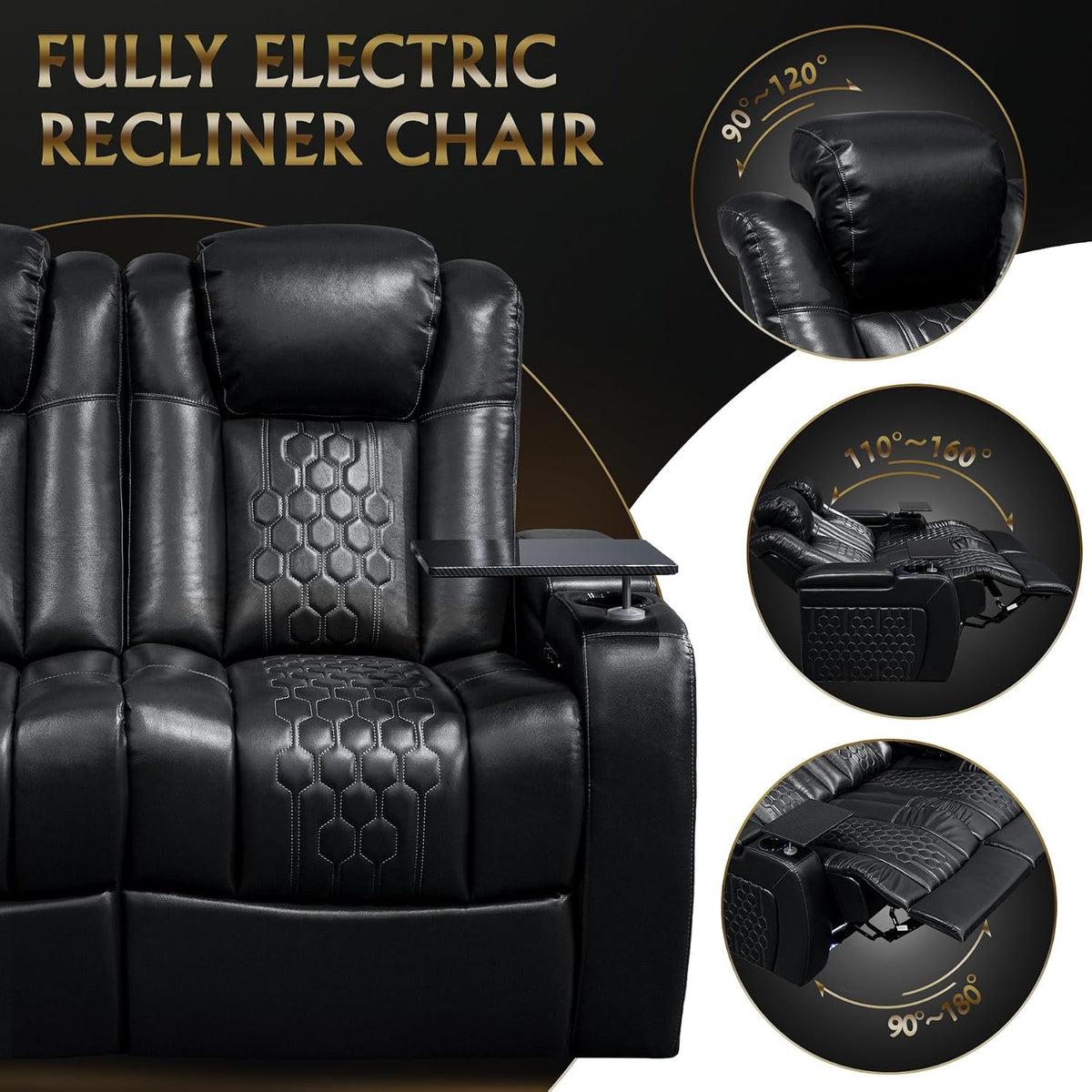 Front view of dual-power loveseat with adjustable headrest, backrest, and footrest