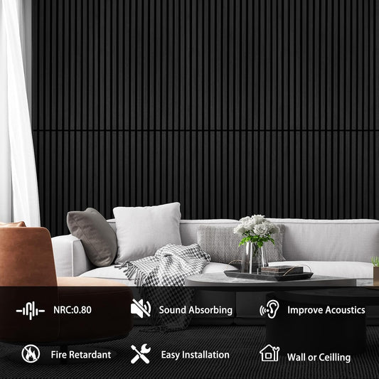 Matte Black 4 Pack Wood Slat Acoustic Panels 47.2 X 23.6 Inch 3D Fluted Design for Sound Absorbing Wall and Ceiling Noise Reduction Home Theater Office Modern Decor