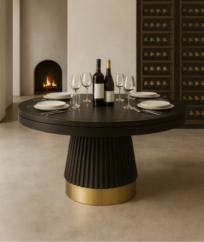 RAM Prohibition 48-inch poker and dining table in matte black with brass accents in a game room