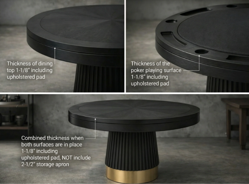 RAM Prohibition 48-inch convertible table in matte black showing its reversible top and concealed storage
