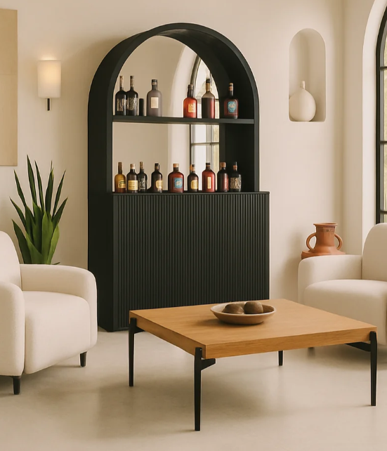 Matte black Prohibition Back Bar with integrated LED lighting