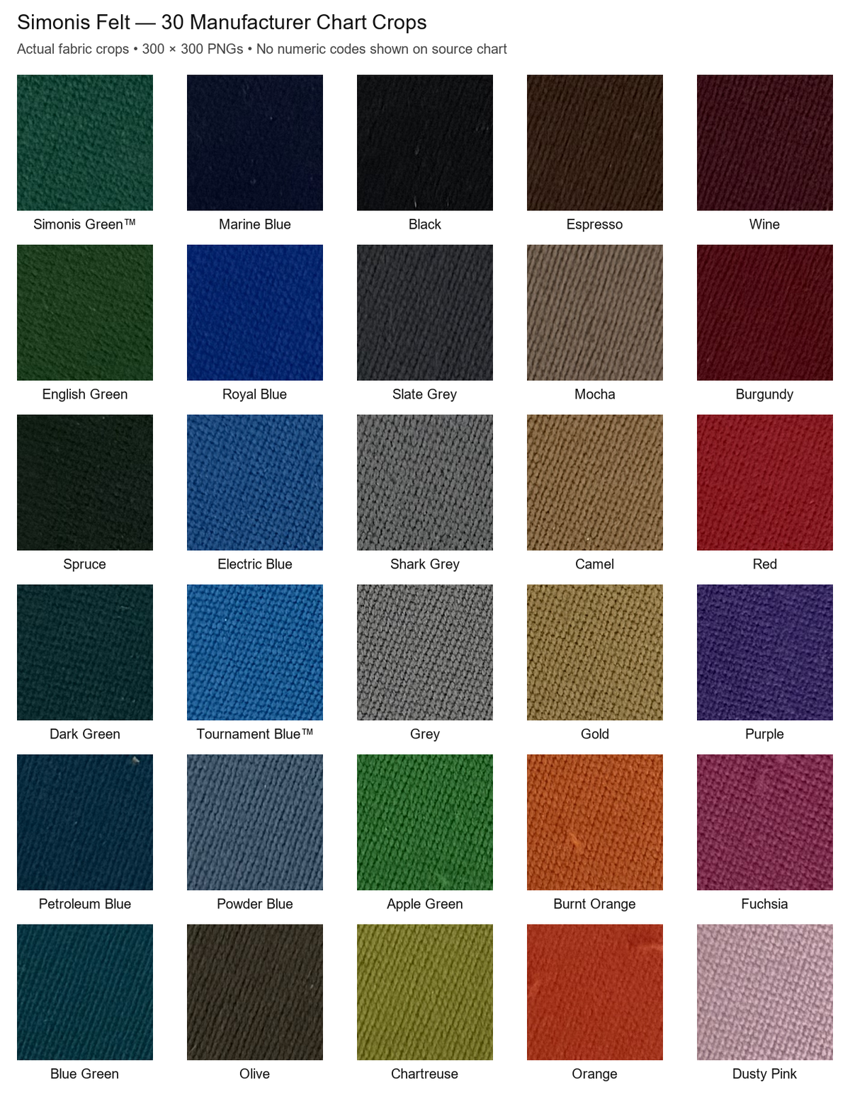 Simonis felt chart showing 30 fabric colors, including greens, blues, neutrals, reds, purple, orange, and pink